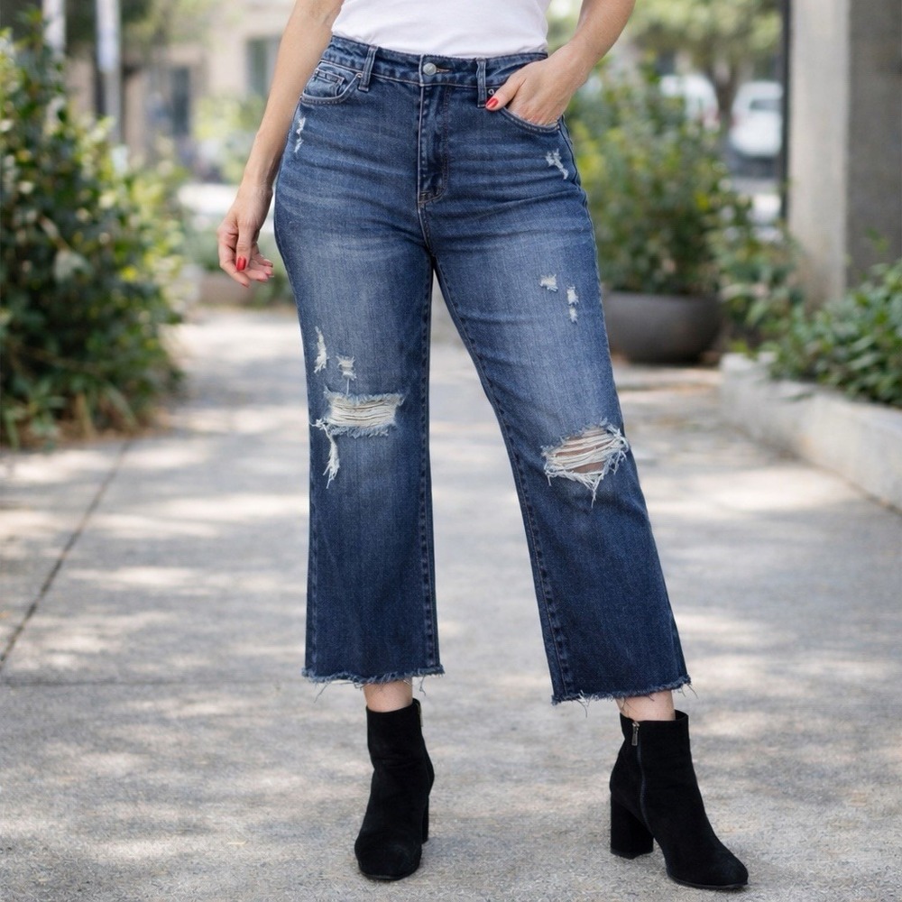 Judy Blue Womens Wide Leg High Waist Cropped Jeans Size 14W Distressed Dark Wash
